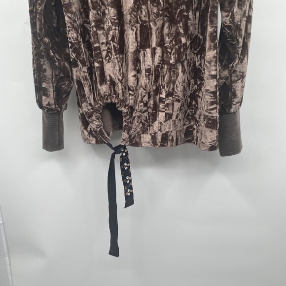 Mystree Womens Velour Pullover Top Tie Hem Long Sleeve Rhinestone Brown/Multi S - Picture 3 of 9